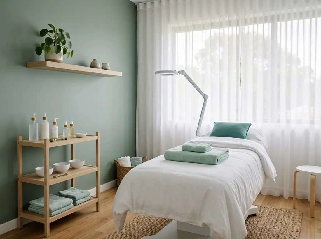 Calm skin treatment room with mint towels