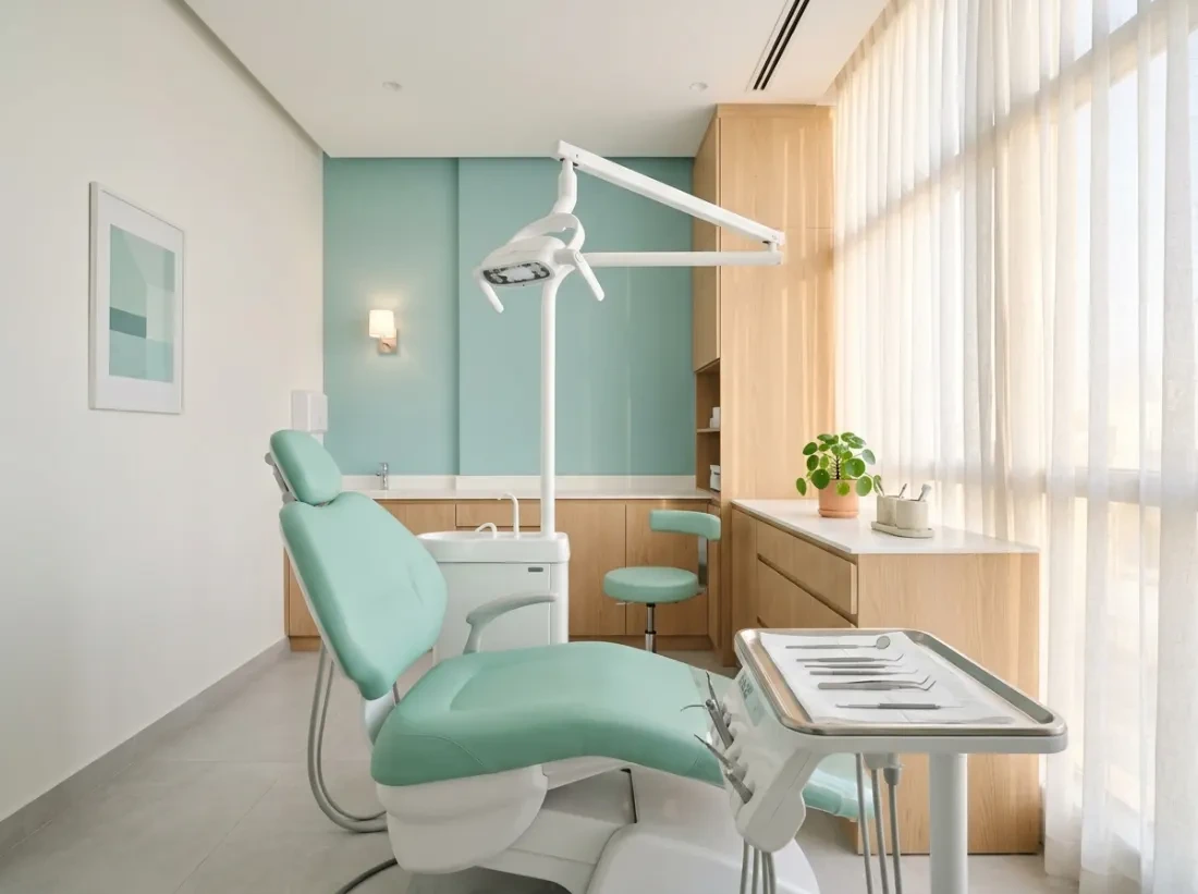 Bright dental treatment room with mint chair