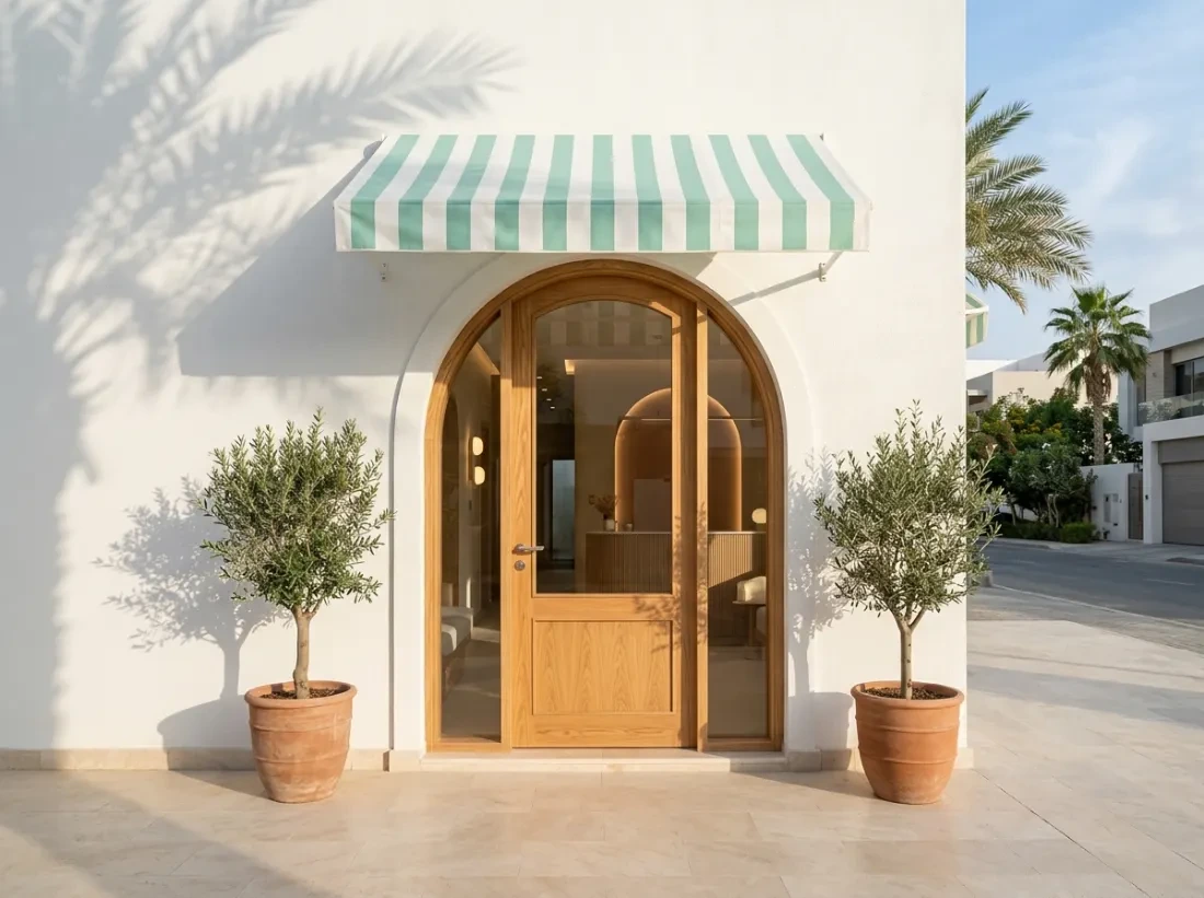 Clinic entrance with mint awning and olive trees