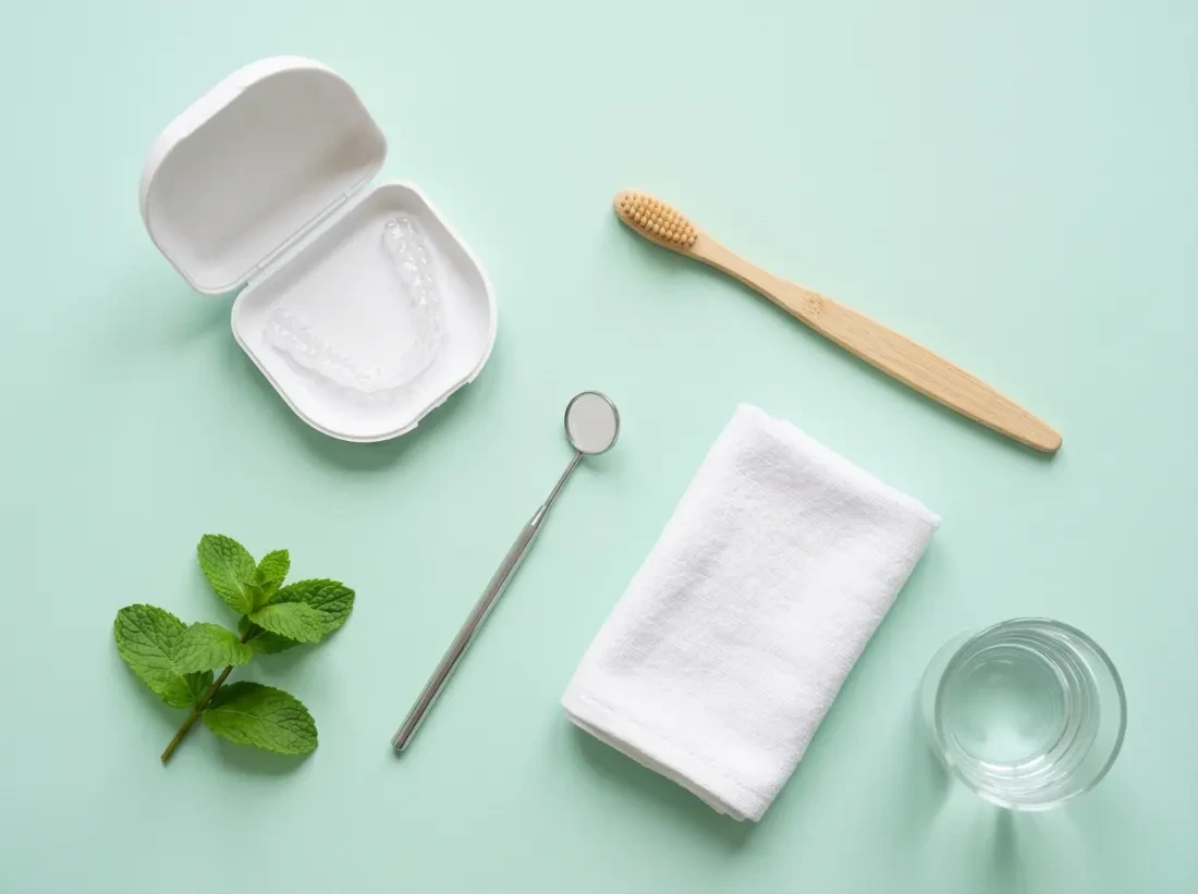 Clear aligner, toothbrush and dental tools on pale mint