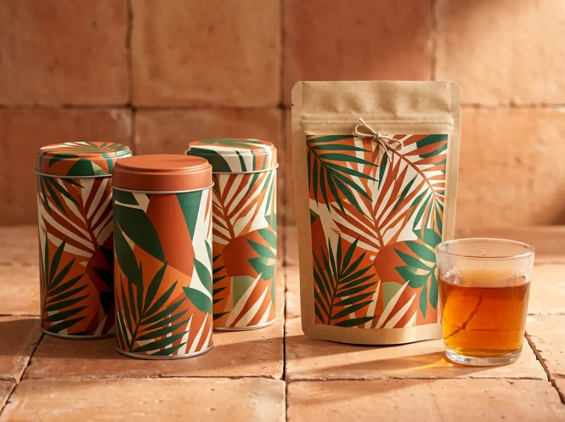 Concept Nakhla Tea tins with geometric palm-frond patterns