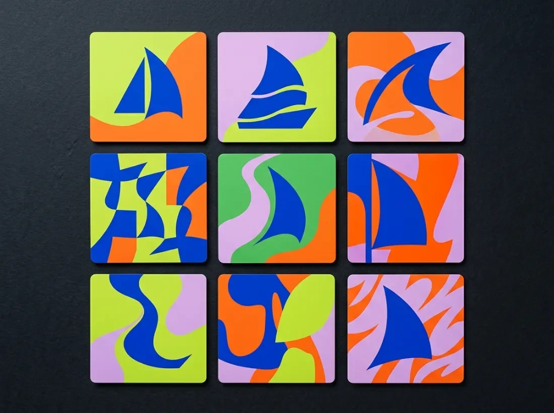 Grid of conceptual Dhow Radio podcast cover artworks with sail motifs