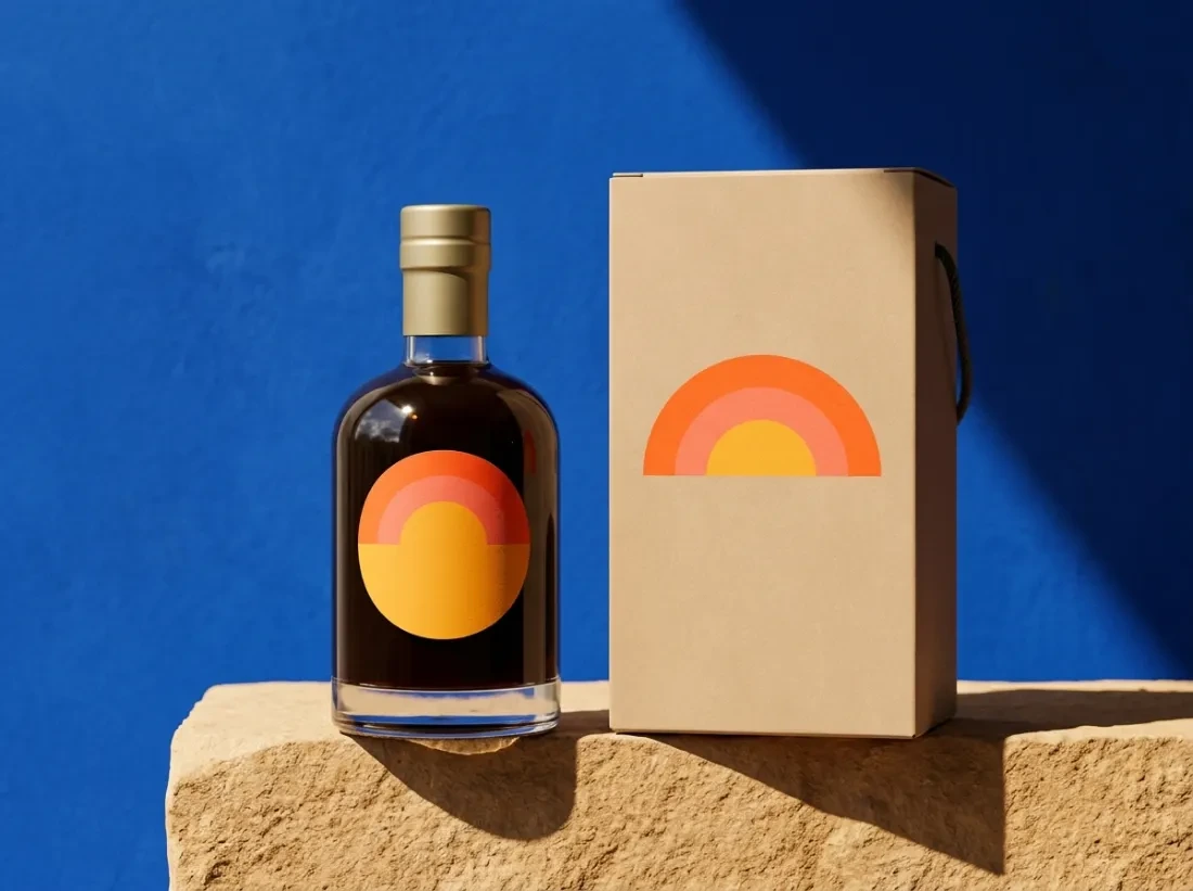 Concept date-syrup bottle and gift box with sunrise graphics