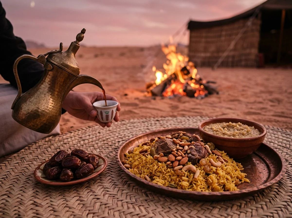 Najdi kabsa, dates and Saudi coffee by the fire