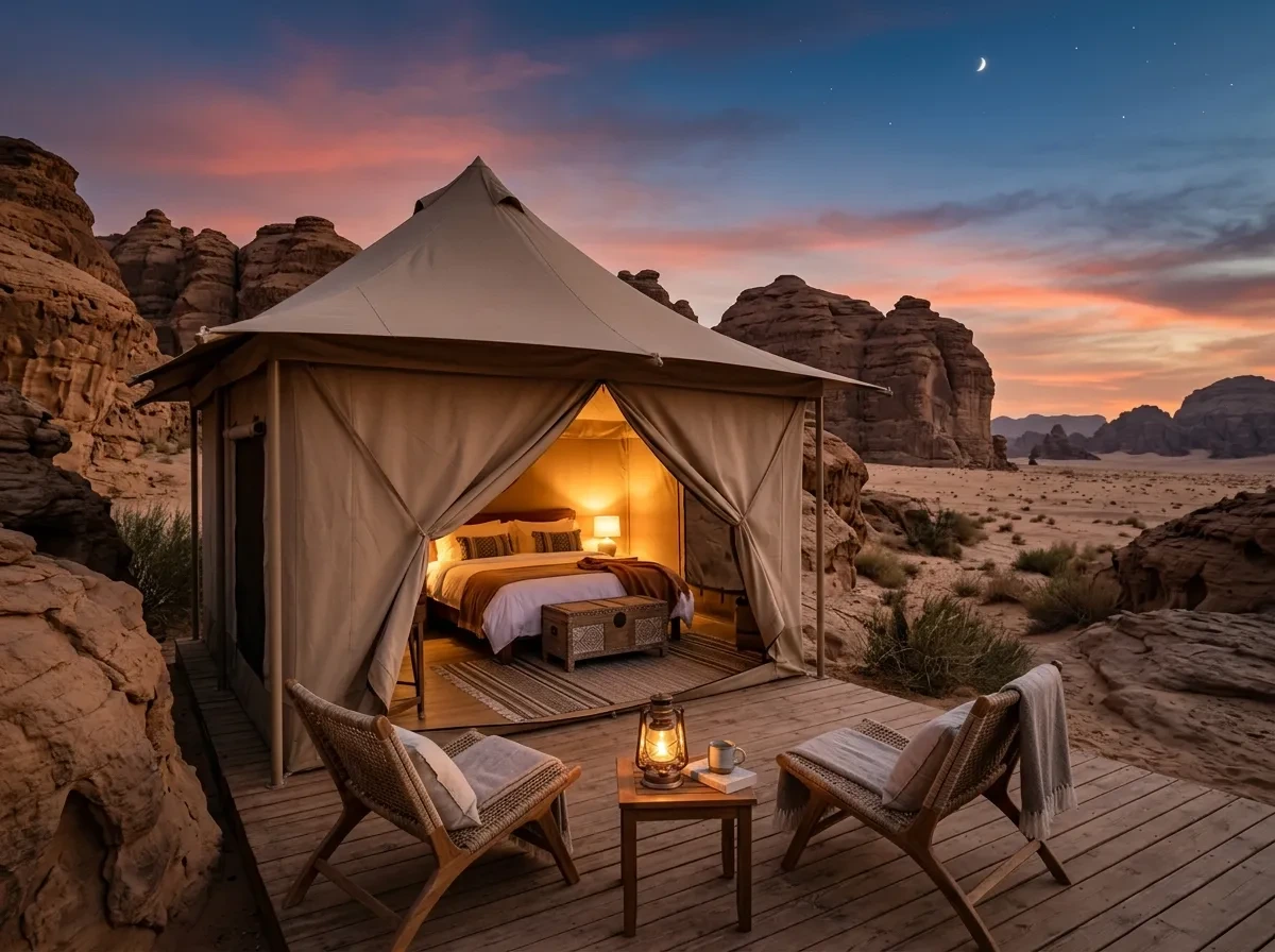 Canvas tent and private deck among sandstone rocks