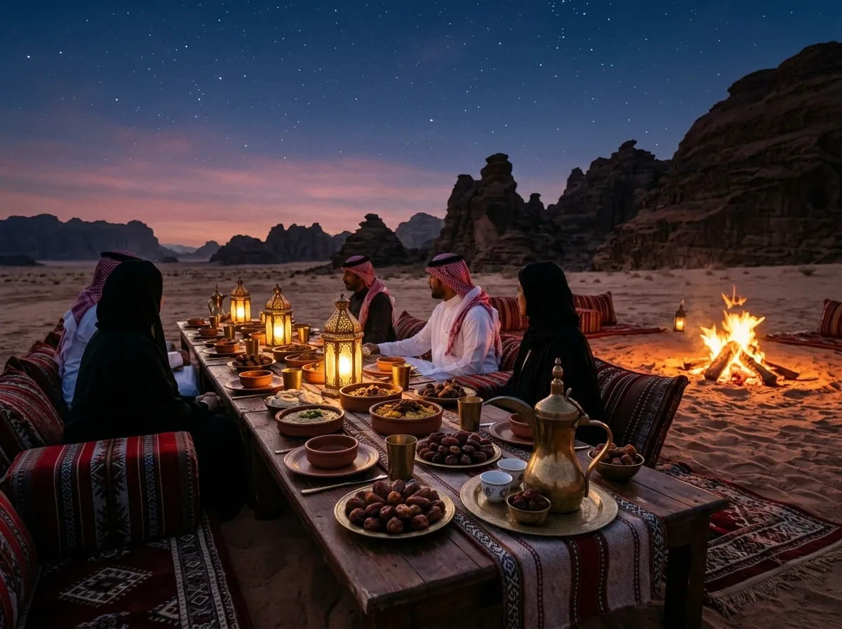 Long-table desert dinner with lanterns and Najdi dishes