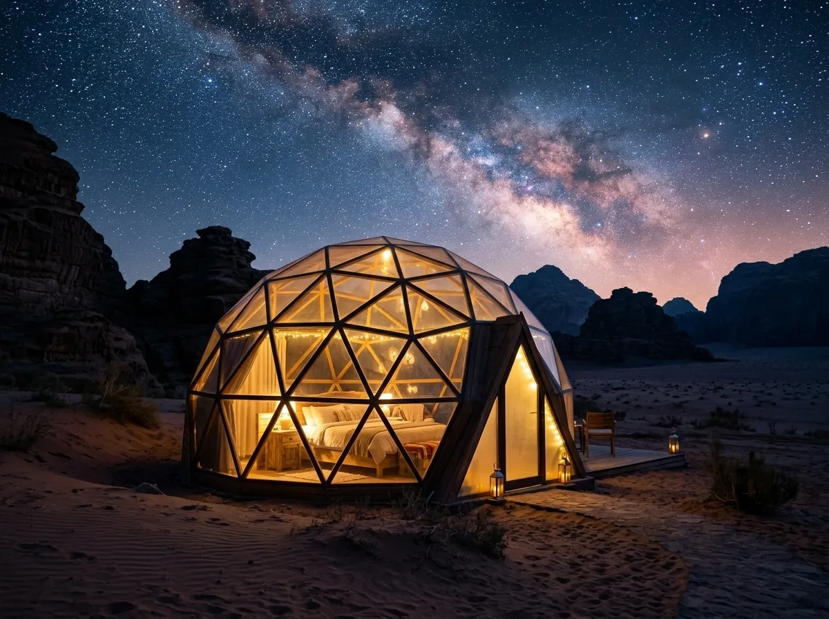 Glass-roofed dome beneath a star-filled sky