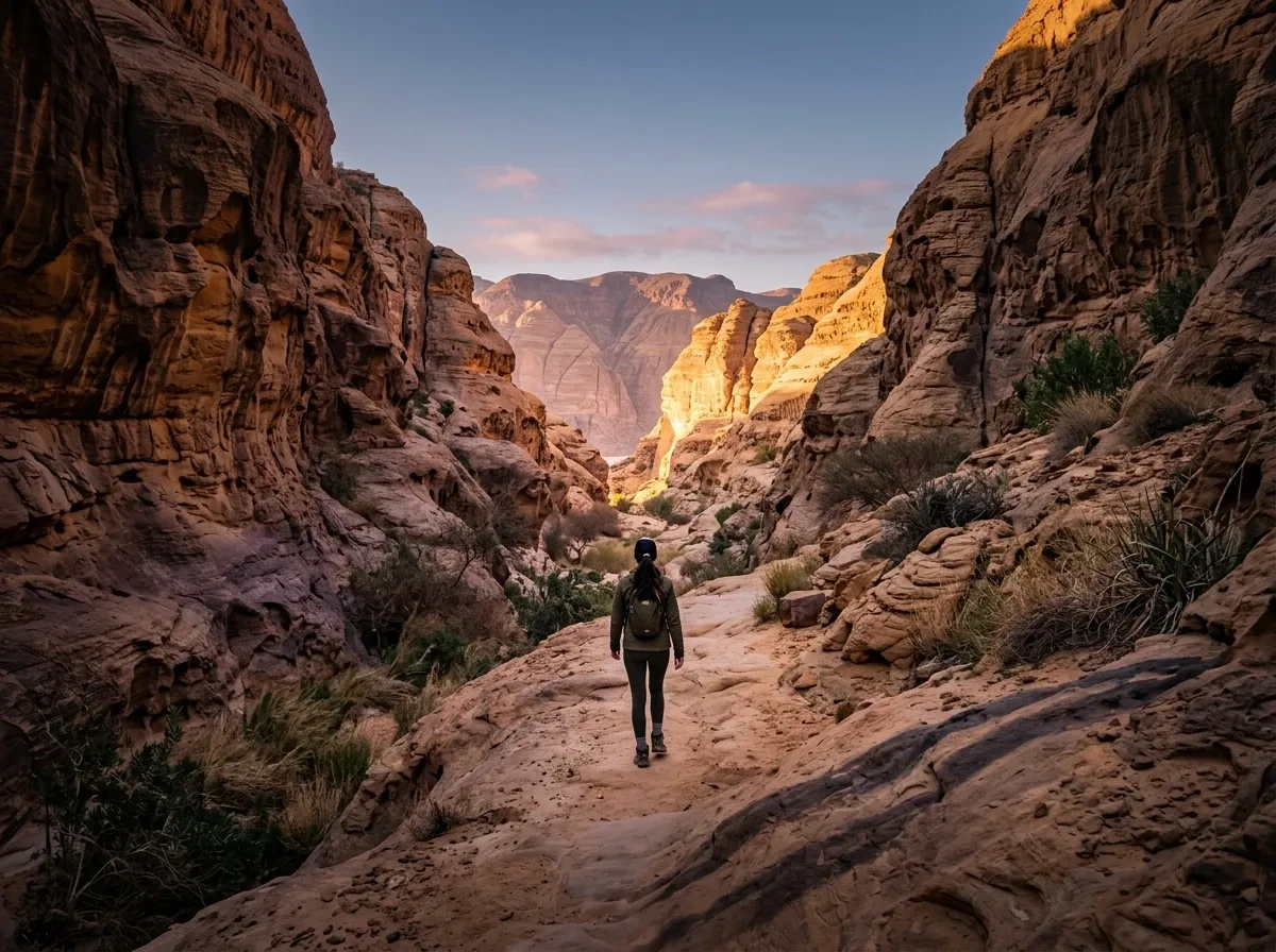 Sunrise light through a sandstone canyon trail