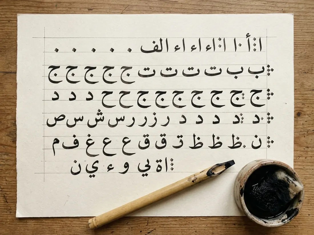 Naskh letter practice in black ink on cream paper