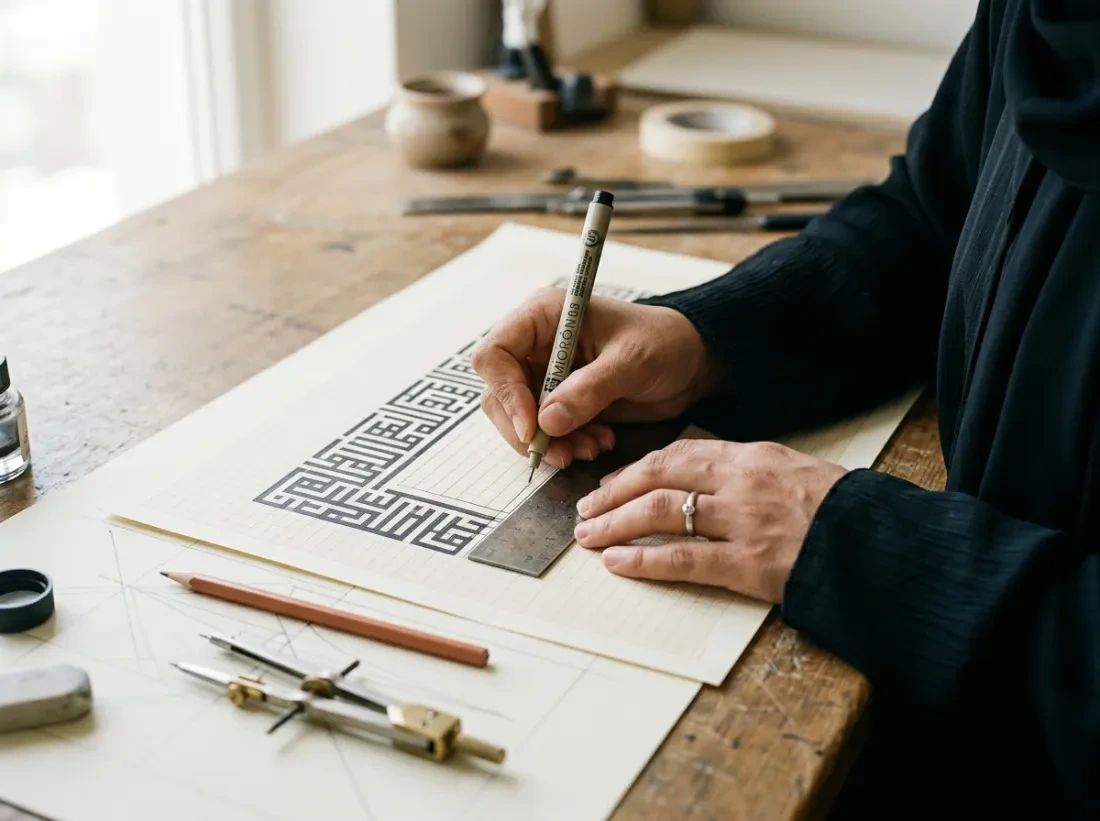 Hands drawing a geometric Kufi design with ruler and pen