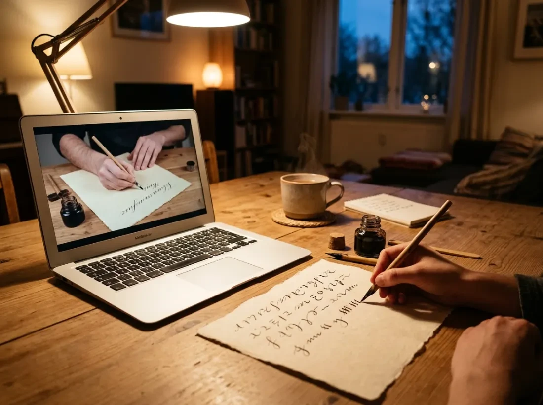Online calligraphy class with reed pens and practice sheets on a desk