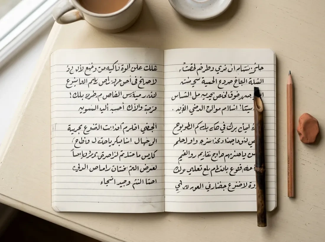 Open notebook with Ruq'ah handwriting practice