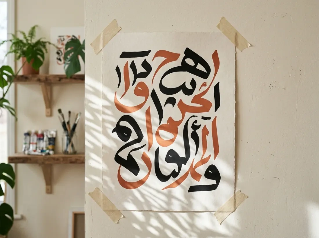 Abstract Arabic-inspired lettering poster pinned to a wall