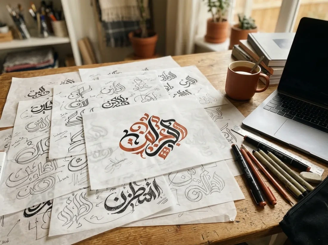 Arabic lettering logo sketches across a designer's desk