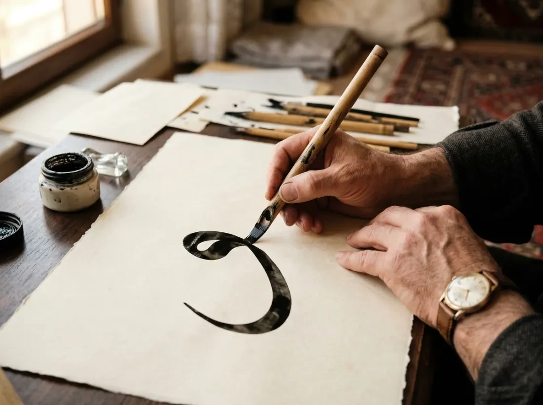 Calligrapher's hands writing Thuluth with a reed pen
