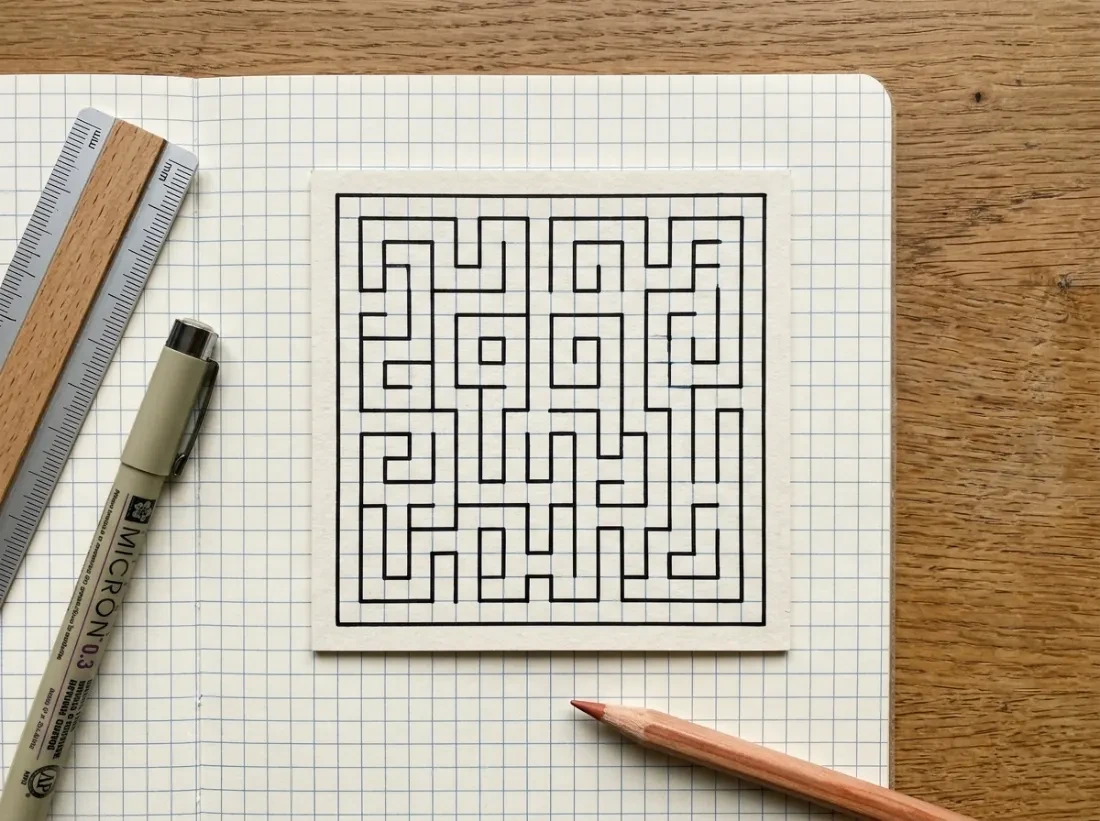 Geometric Kufi study drawn on grid paper