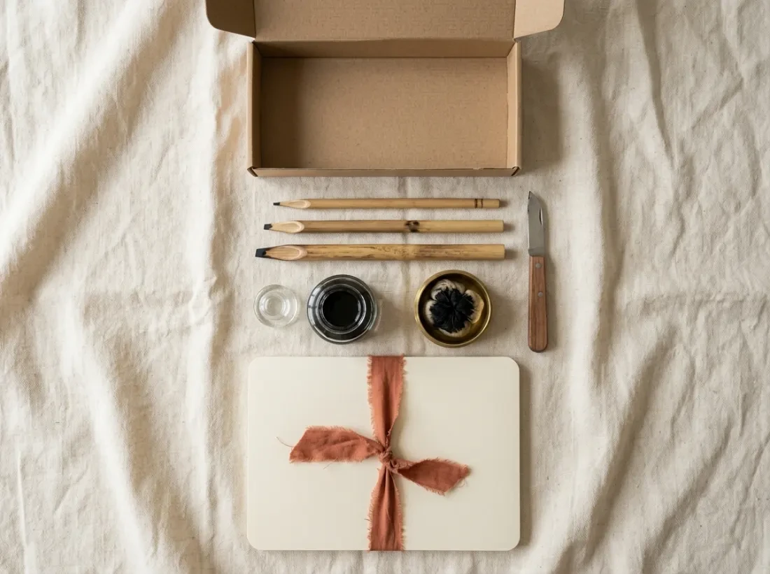 Reed pens, ink, silk liqa, glazed paper and penknife in a calligraphy starter kit