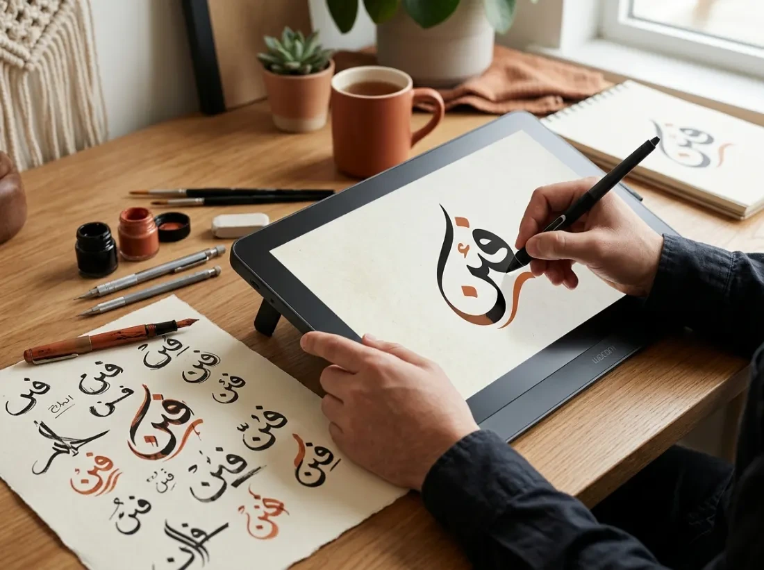 Designer refining Arabic lettering on a drawing tablet