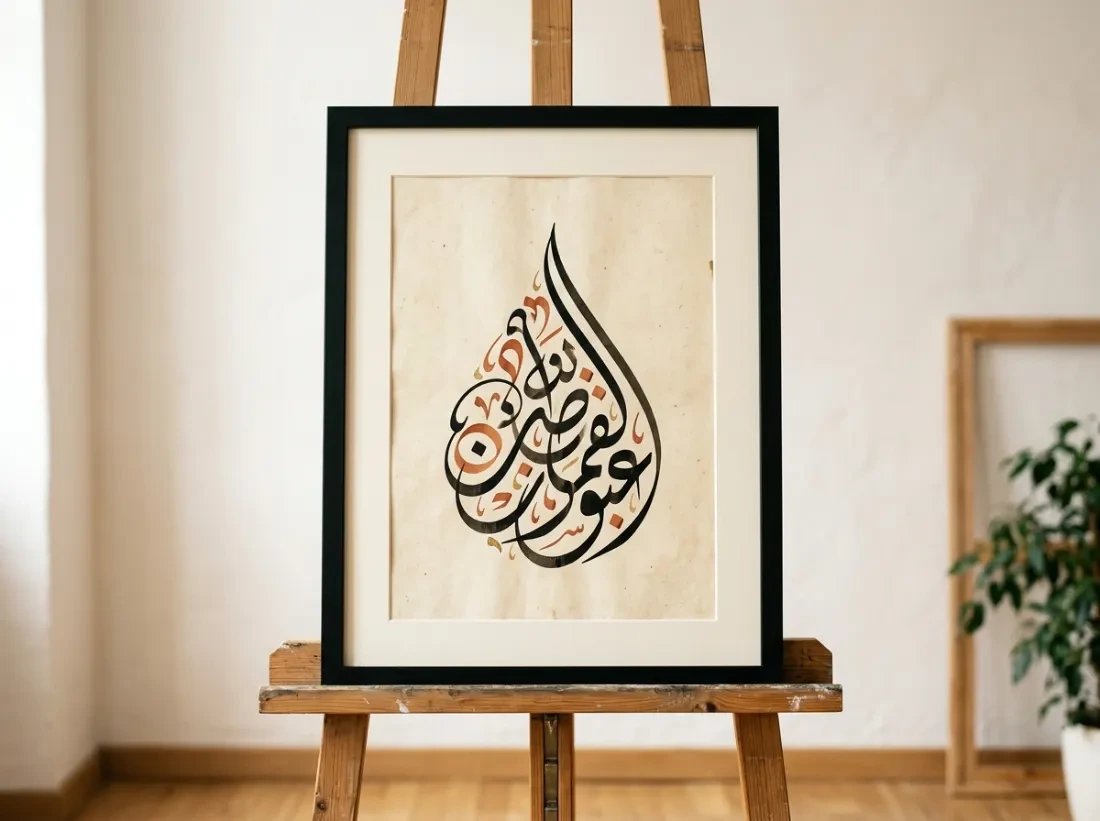 Framed Thuluth-style calligraphy composition on an easel