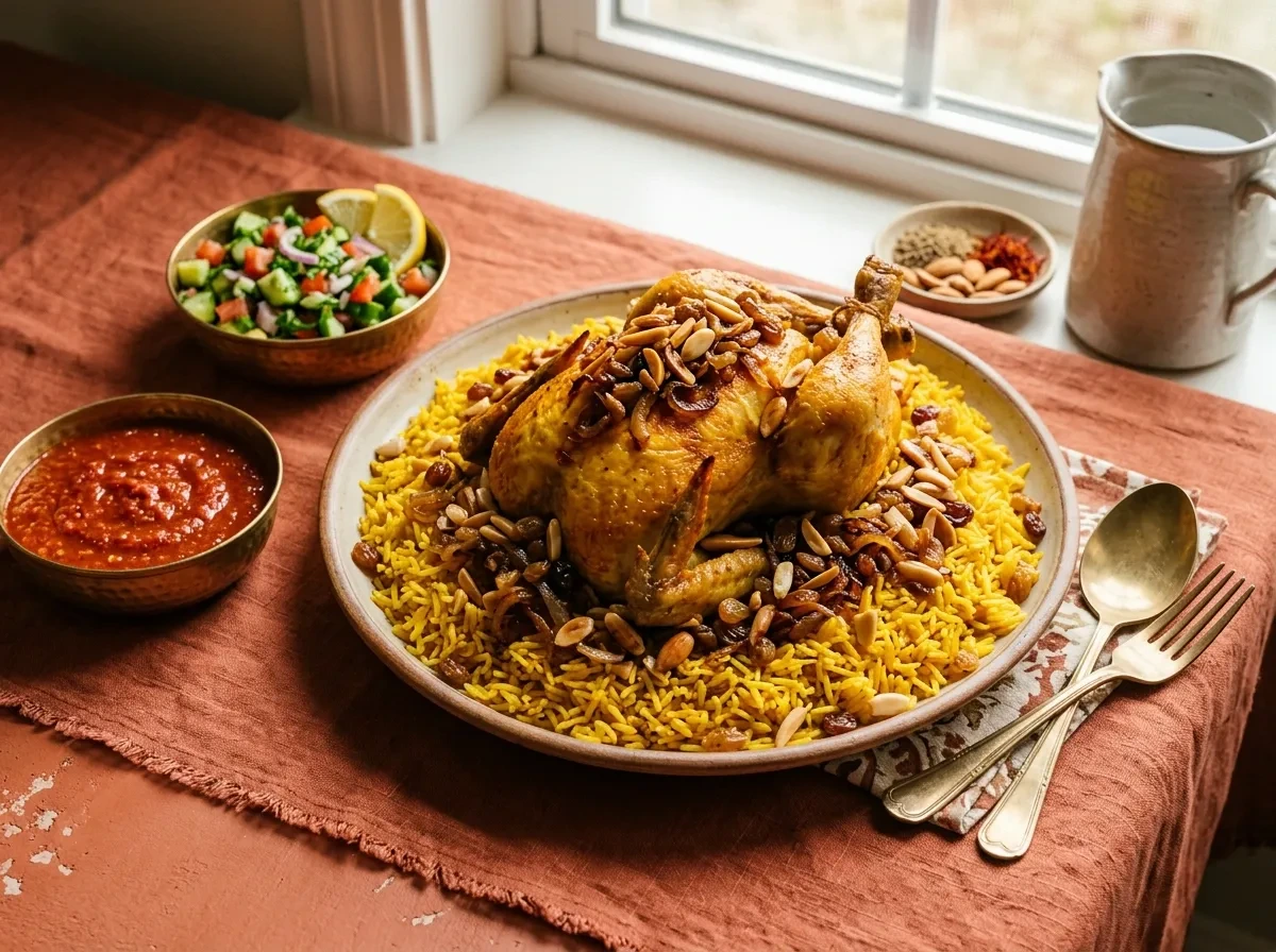 Chicken machboos with saffron rice, daqqus and toasted nuts